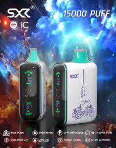 SXR vaping device offers 15000 puffs, featuring sleek design and multiple flavor options.