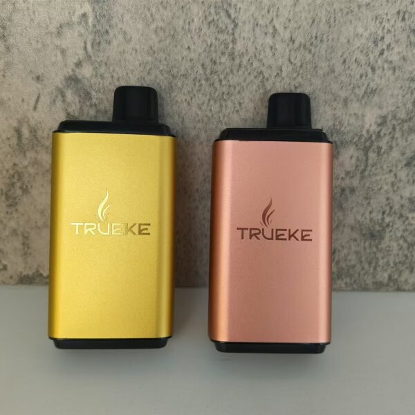 Elegant gold and copper vaping devices showcasing TRUEKE branding against a textured gray background.