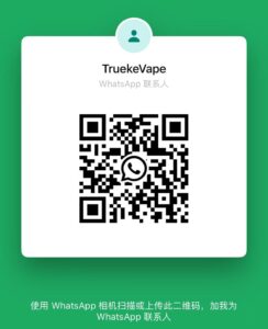 TruekeVape contact card with QR code for WhatsApp communication on vibrant green background.
